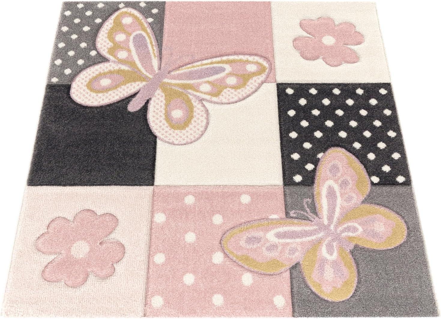 Kids Room Rug Pastel Colors Butterflies Check Pattern Spots Flowers Colourful, Size:2'8" x 4'11"