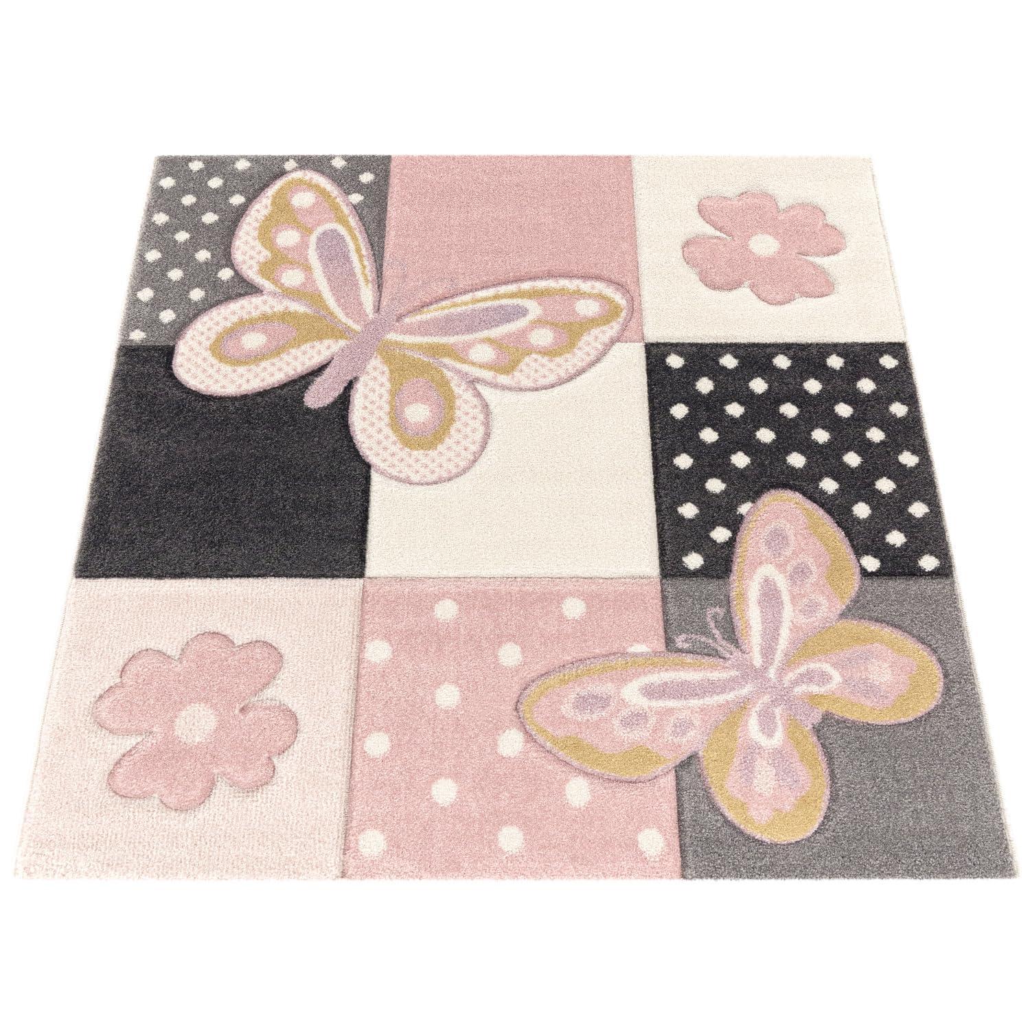Kids Room Rug Pastel Colors Butterflies Check Pattern Spots Flowers Colourful, Size:2'8" x 4'11"