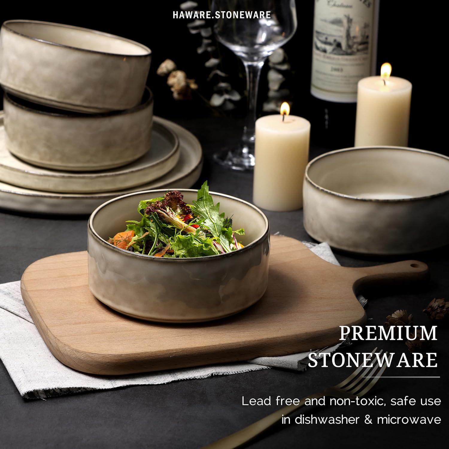 HaWare Dinnerware Sets, 16-Piece Stoneware Dinner Plates and Bowls for 4, Reactive Glaze Dishes Mug, Chip & Scratch Resistant, Microwave & Dishwasher Safe - Reactive Khaki