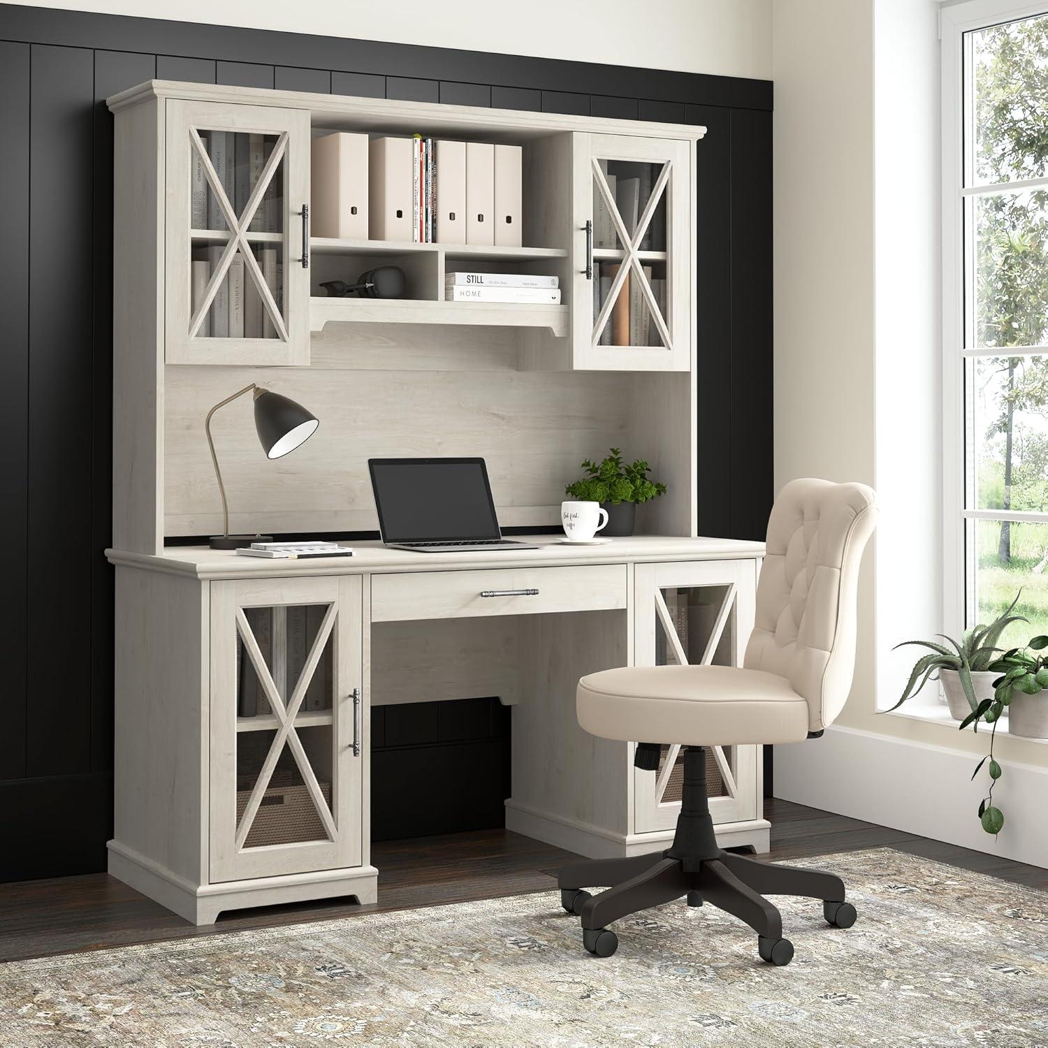 Linen White Oak Wood Desk with Hutch and Keyboard Tray