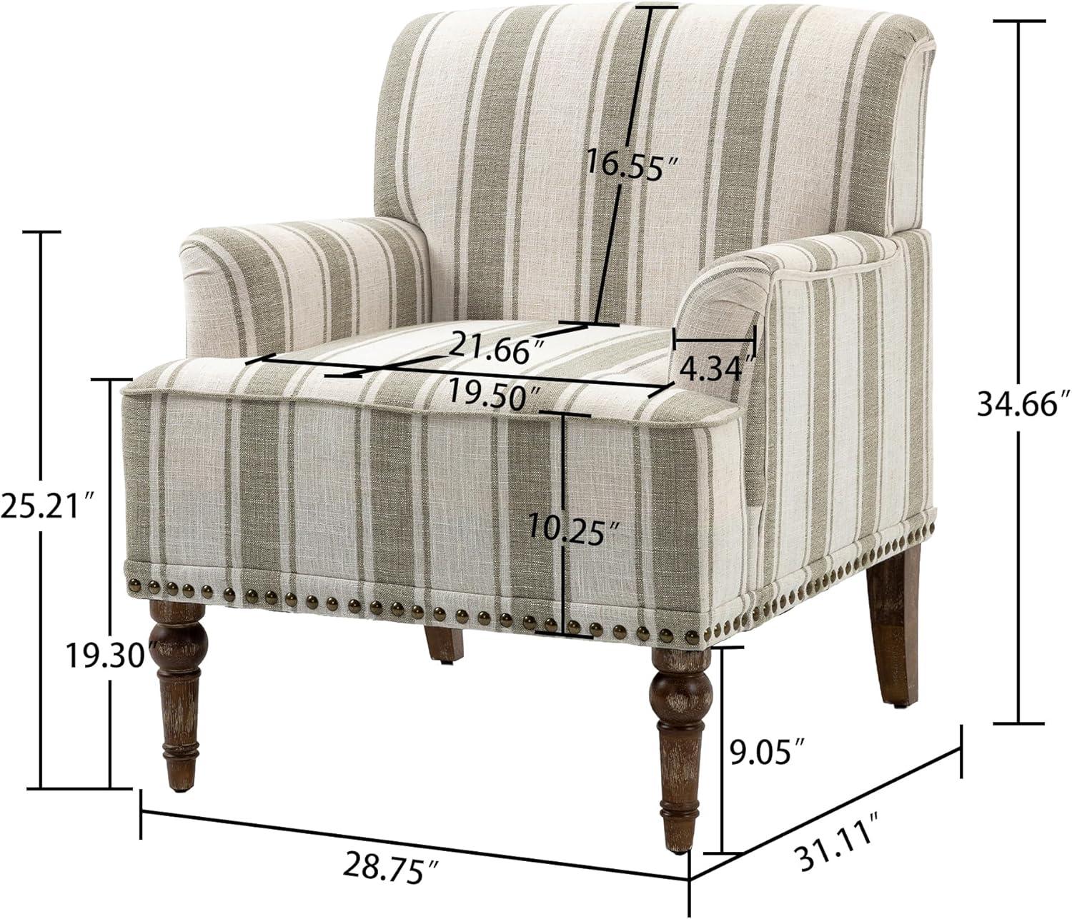 Brown Striped Linen Accent Chair with Wooden Legs