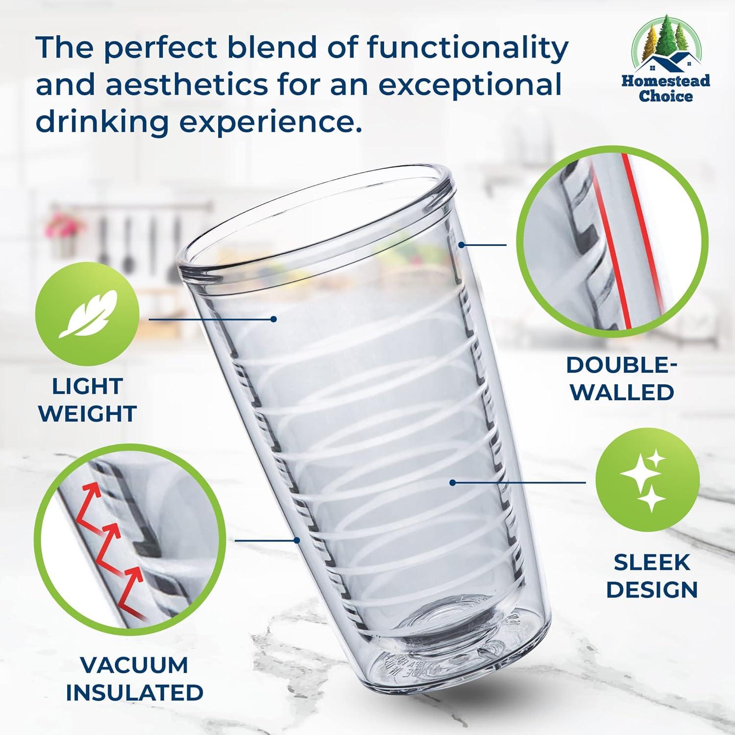 Homestead Choice Insulated Tumblers, 16oz 4-Pack Double Walled Clear Insulated Drinking Glasses Cup