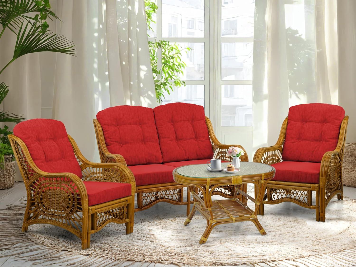 Bay Isle Home™ Malibu Lounge Set Of 4: 2 Natural Rattan Wicker Chairs, Loveseat And Coffee Table W/Glass Handmade, Natural Color