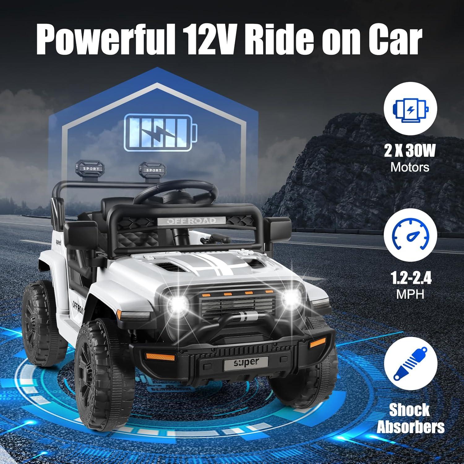 Himimi 12V Ride On Toys For Kids With Remote Control, 1 Seater Kids Electric Car Jeep,LED Lights, Multi-Speed Transmission, MP3 Player