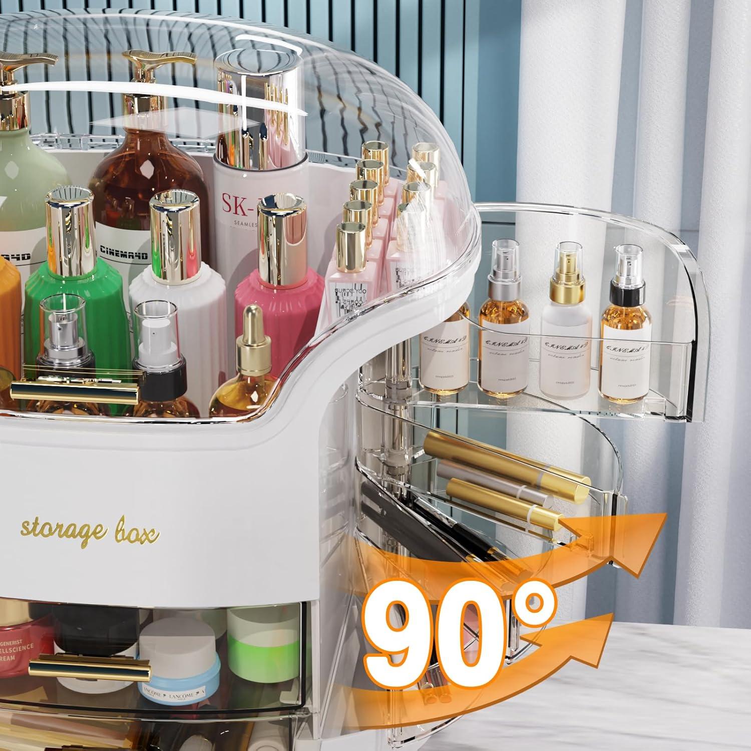 Makeup bag Storage Box, Countertop Portable Vanity Cosmetics MAKE UP bathroom organizers and Storage, Cosmetics Organizer Box for Countertop & Drawers, Skincare Organizers Box by KME (White 360)