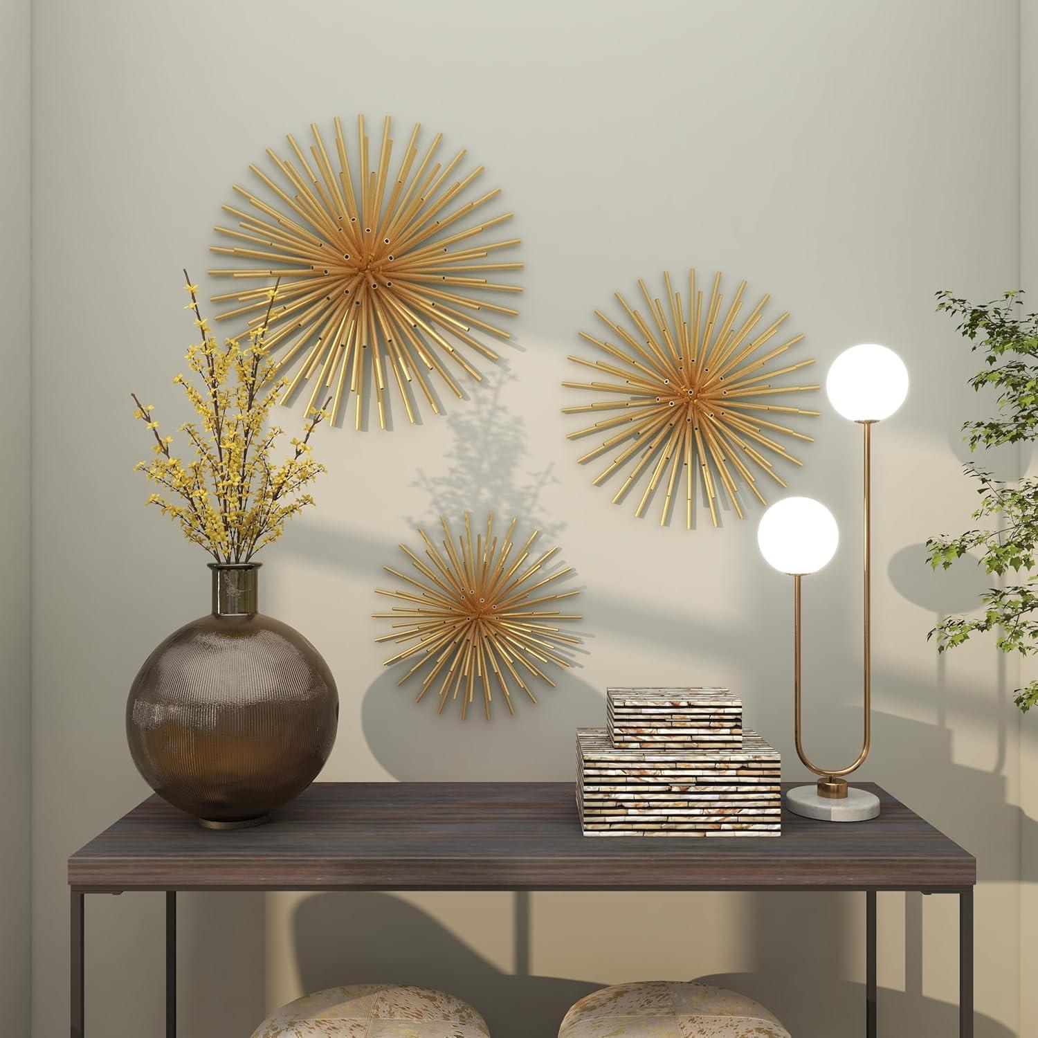 DecMode Contemporary Gold Metal 3D Starburst Wall Décor, Set of 3 16", 20", 24"D