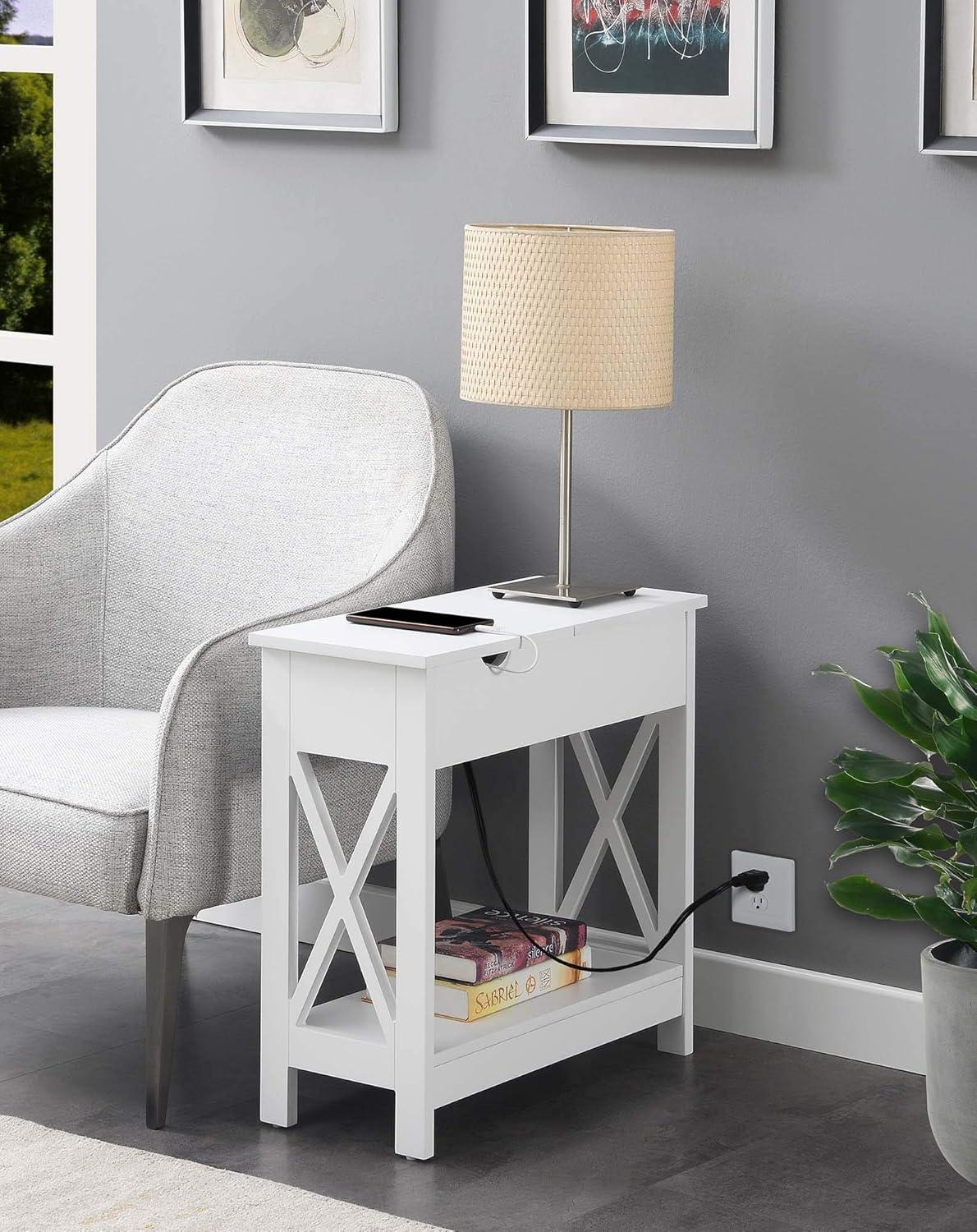 Oxford Flip Top End Table with Charging Station, White