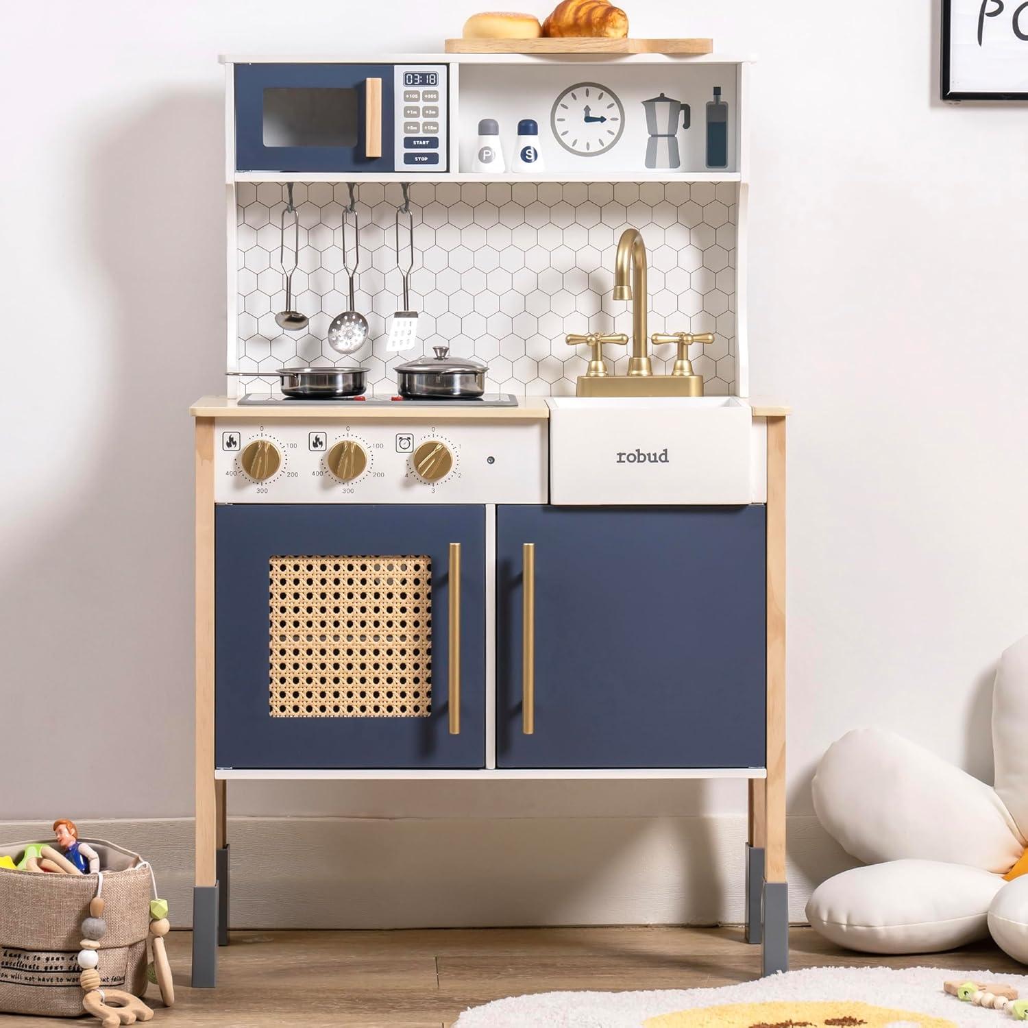 Robud Play Kitchen, Wooden Adjustable Height Pretend Playset for 3+ Boys and Girls, w/Sound & Light,Gem Blue