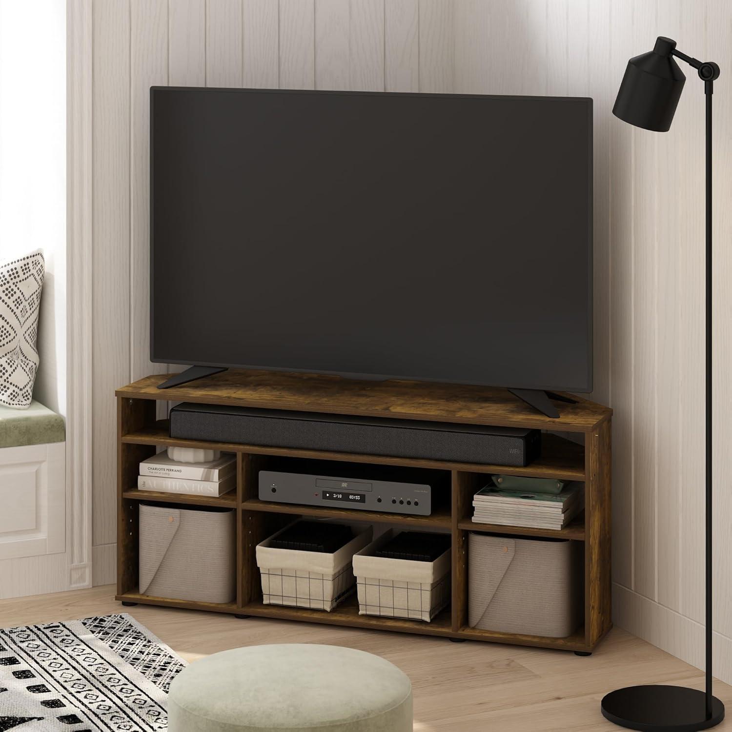 Amber Pine Corner TV Stand with Shelves and Cabinet