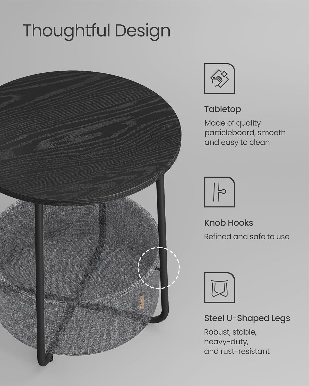 Ebony Black Round Metal Side Table with Fabric Basket