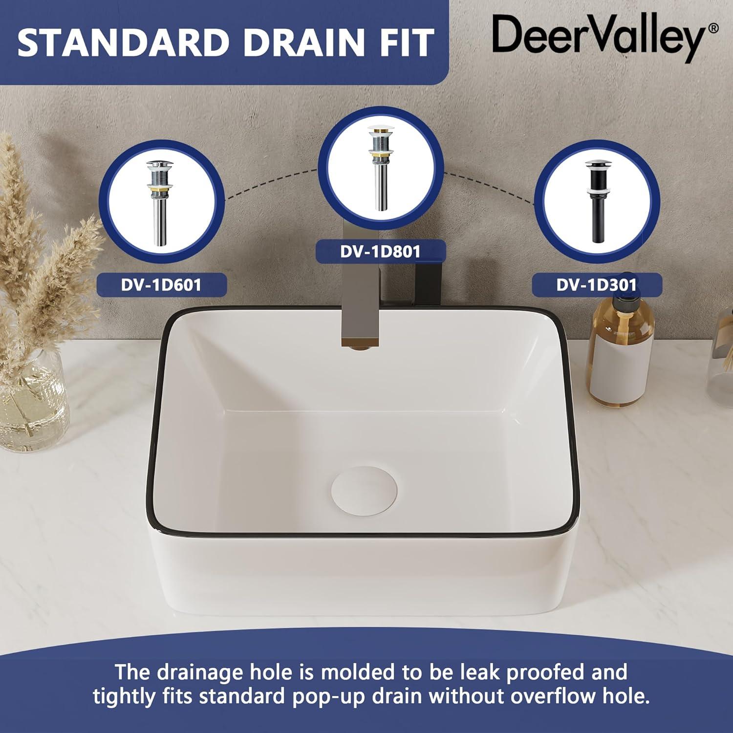 DeerValley DV-1V0317 Deervalley Liberty 16'' X 12'' Rectangular Vitreous China Vessel Bathroom Sink, White With Black Striped Edge