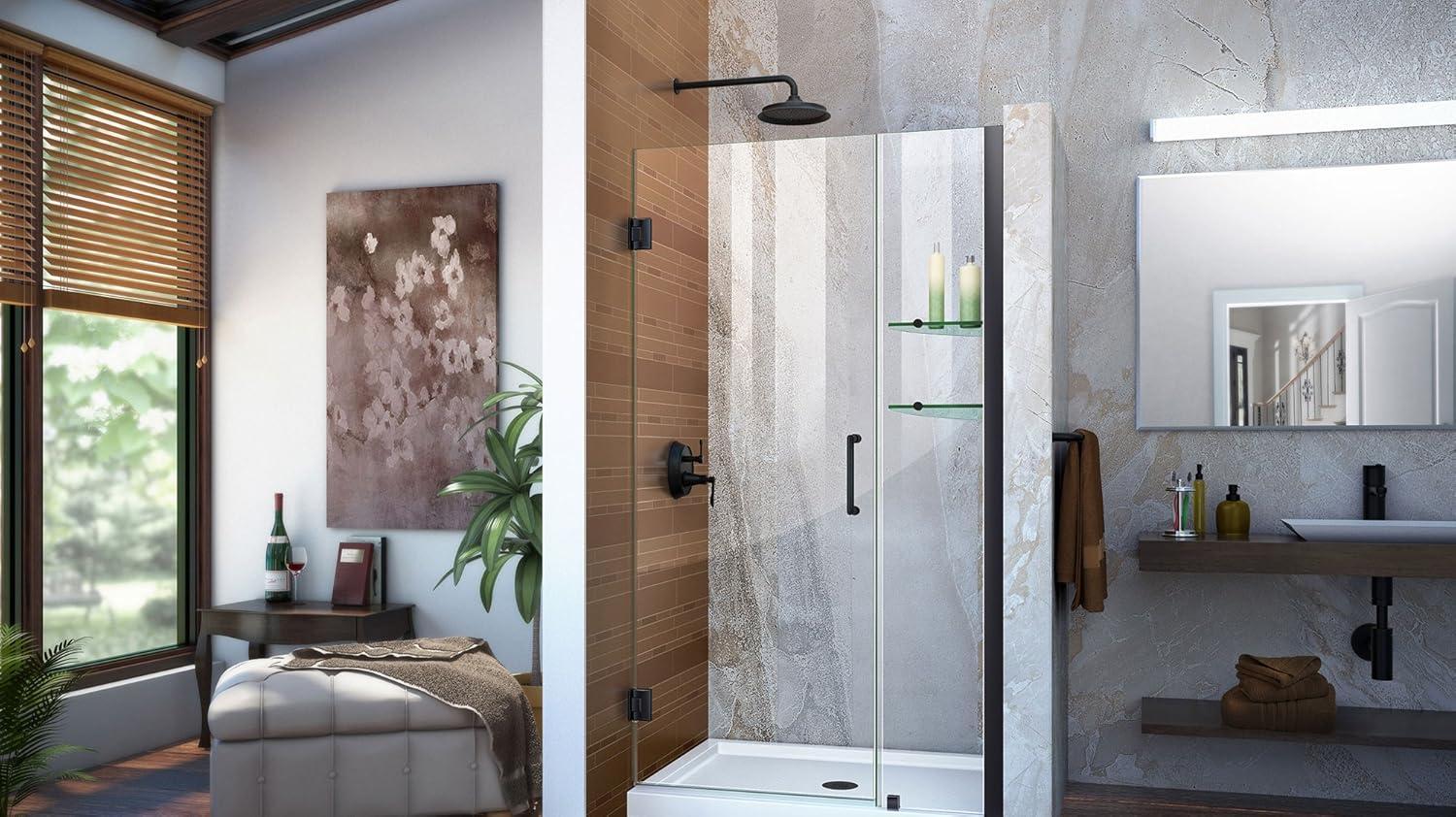 Unidoor 42" Satin Black Frameless Hinged Shower Door with Clear Glass