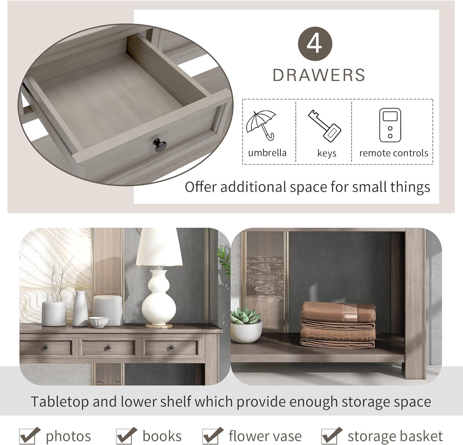 Console Table Hallway Sofa Entryway Side Table 63" Long Furniture with 4 Drawers and Bottom Shelf for Living Room Home Decor (Gray Wash)