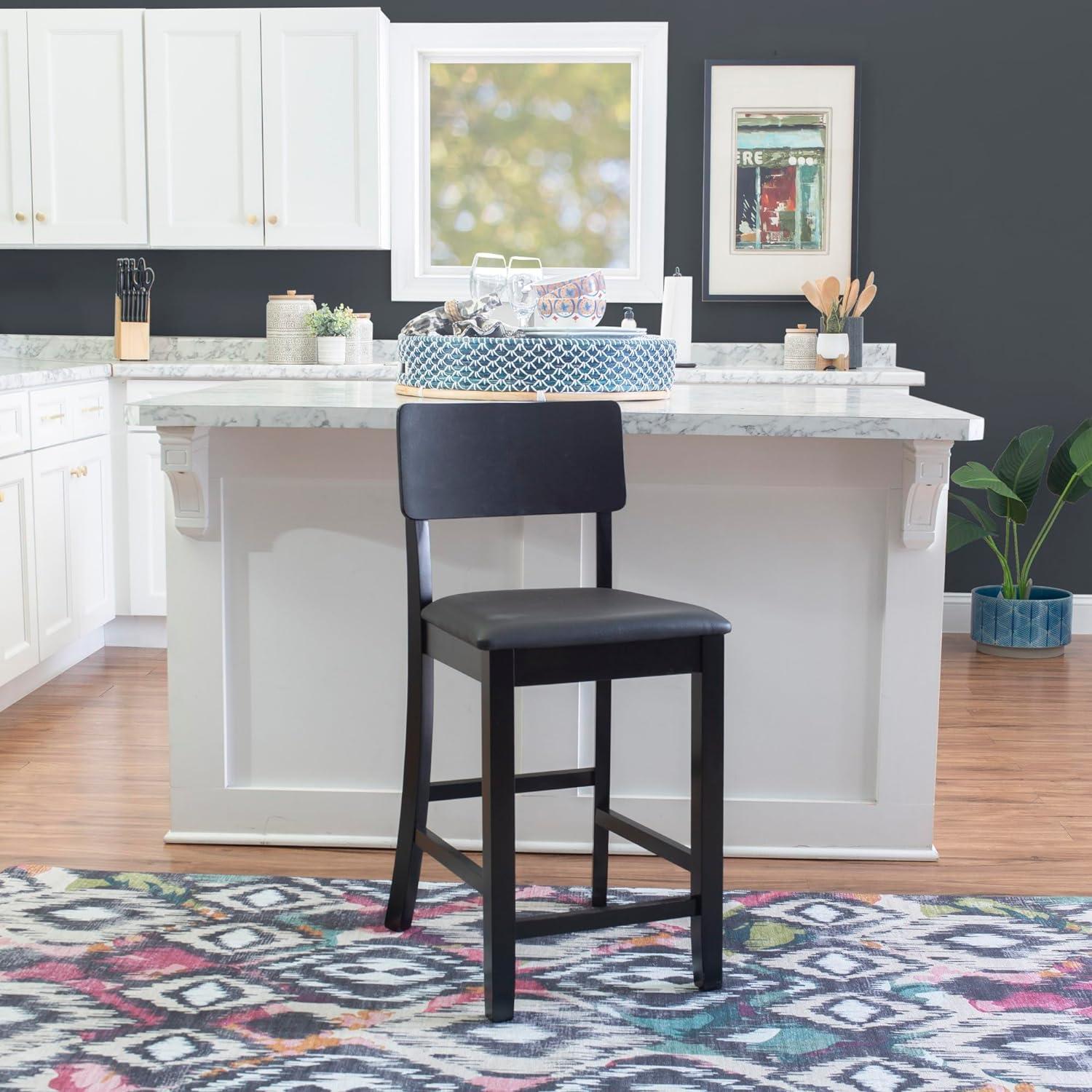 Elegant 24" Black and Cherry Wood Counter Stool with Dark Brown Faux Leather Seat