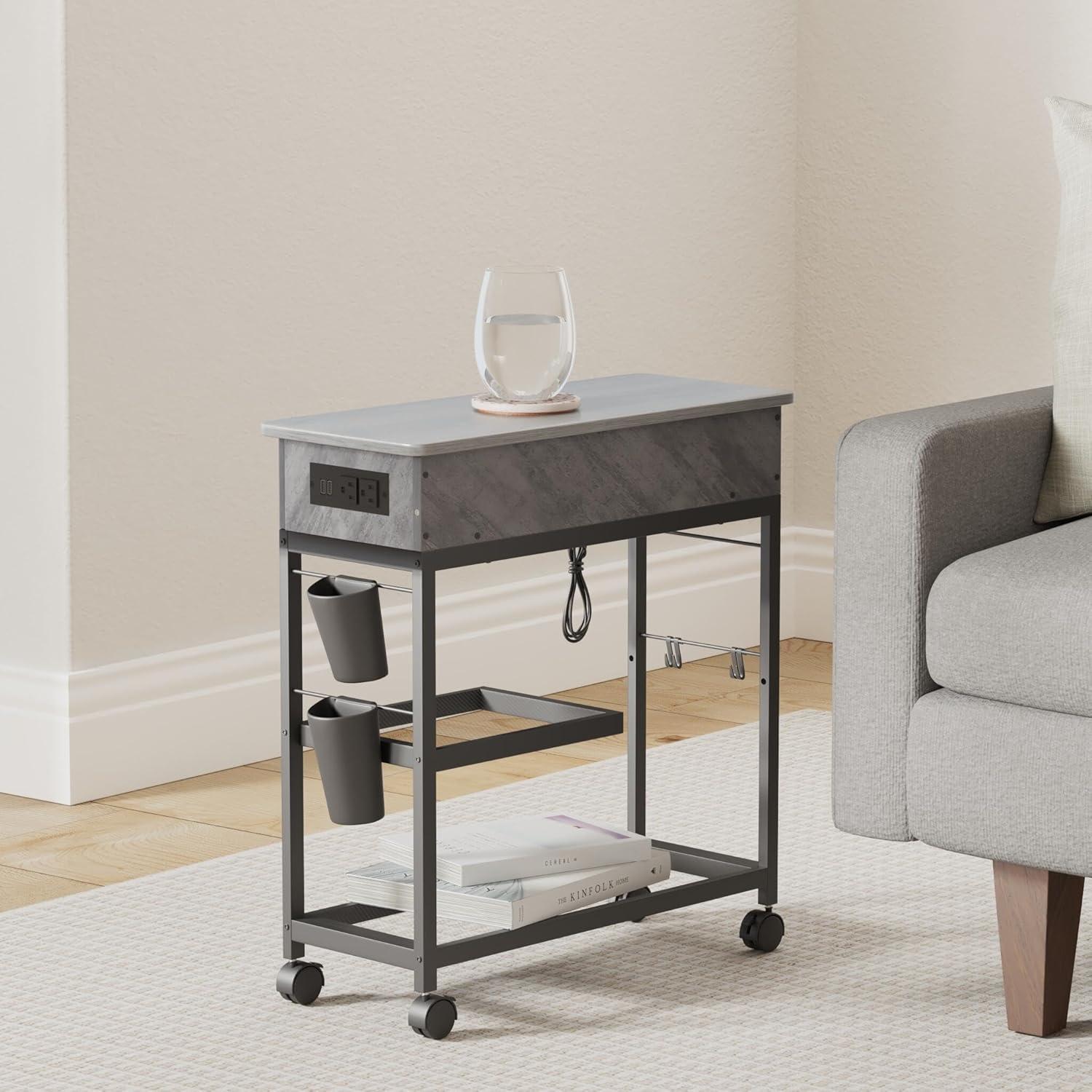 Colima Lift Top End Table with Charging Station and Wheels, Sofa Side Table with USB Port & AC Outlets, Movable Bedside Nightstand with Side Bag for Office Living Room Bedroom(Gray)