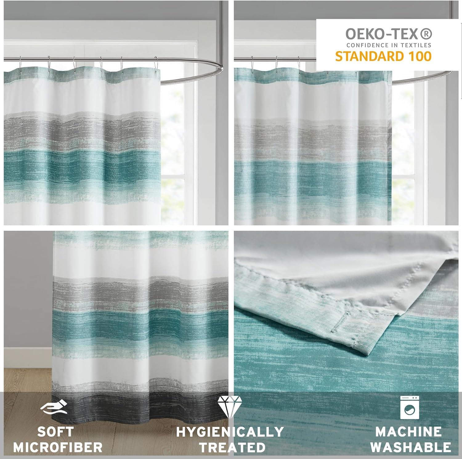 Seth Striped Print Shower Curtain Aqua/Gray - Madison Park: Polyester Microfiber, Buttonhole Top, OEKO-TEX Certified