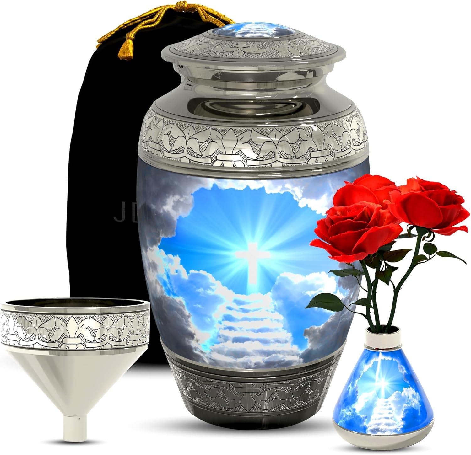 Stairway to Heaven Large Cremation Urn for Human Ashes with Handcrafted Funnel (Christian/Catholic/Cross/Adult/Male/Female)
