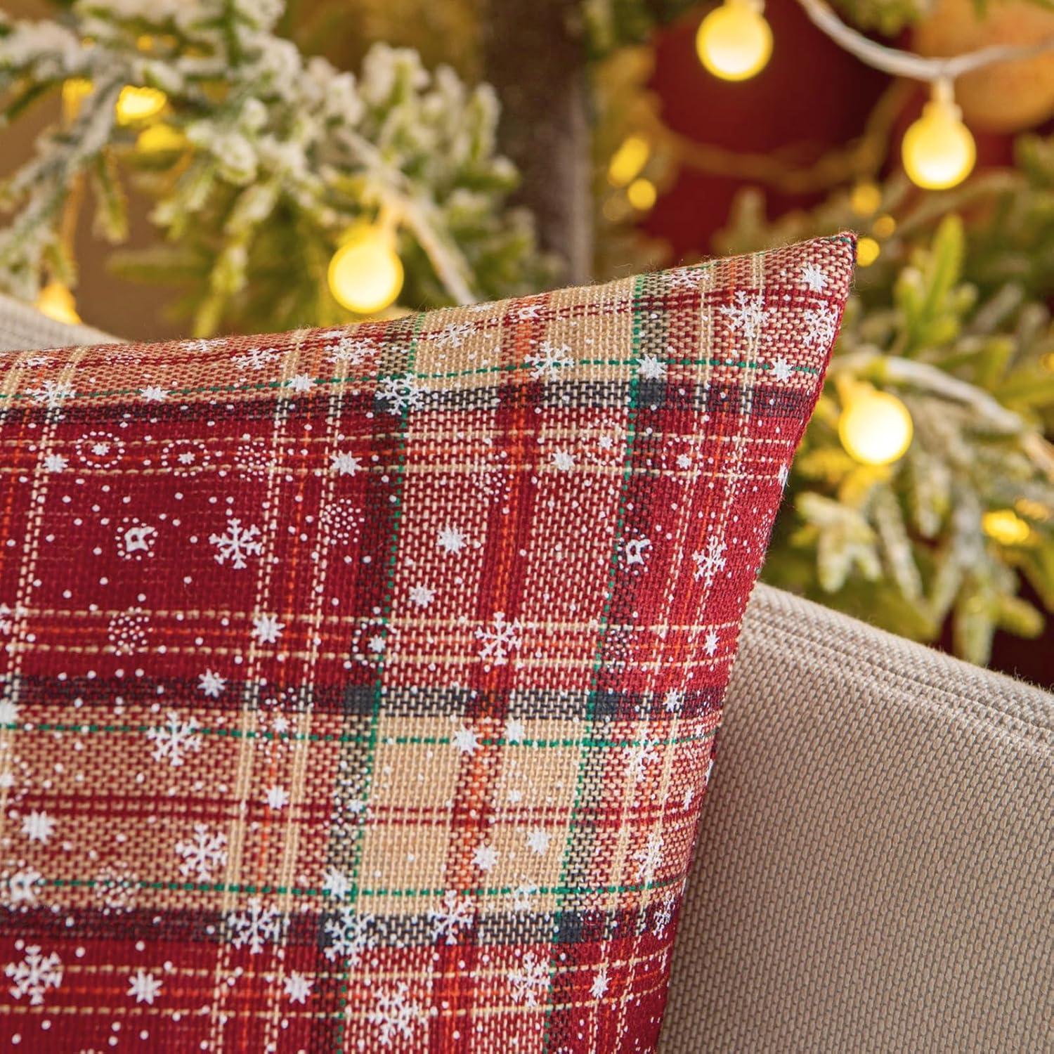 Red and Beige Tartan Plaid Snowflake 18" Polyester Euro Pillow Covers