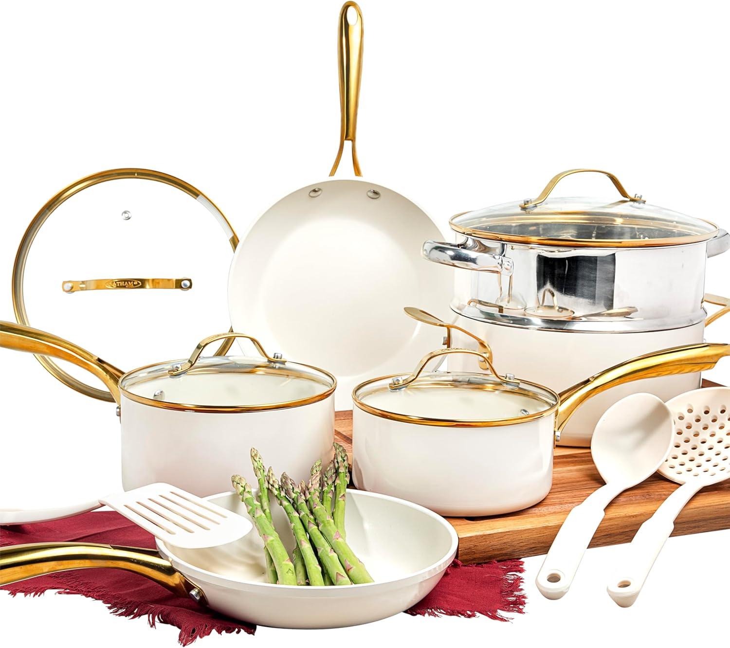 Gotham Steel Cream 15-Piece Ultra Nonstick Ceramic Cookware Set with Utensils with Gold Handles