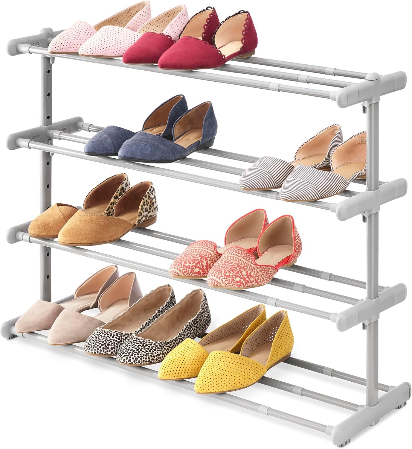 Whitmor 4 Tier Extendable Shoe Rack Gray: Steel Frame, Holds 24 Pairs, Freestanding, 45.67" W x 21.85" H x 9.25" D