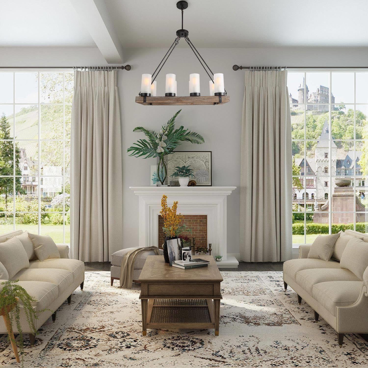 Rustic Bronze and Wood Chandelier with Frosted Glass Shades