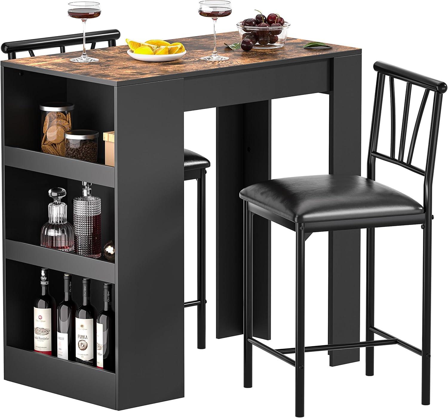 ZHOUJIA Small Bar Table and Chairs Tall Kitchen Breakfast Nook with Stools/Dining Set for 2, Storage Shelves, Space-Saving,