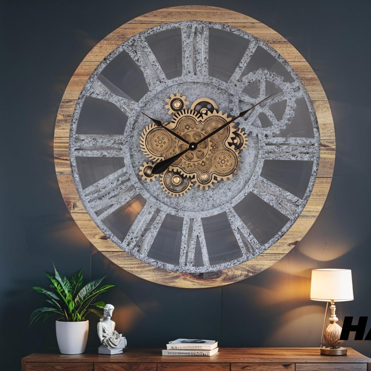 The Gears Clock Wall Clock 36" Round Oversized for Living Room decor with Real Moving Gears America Collection