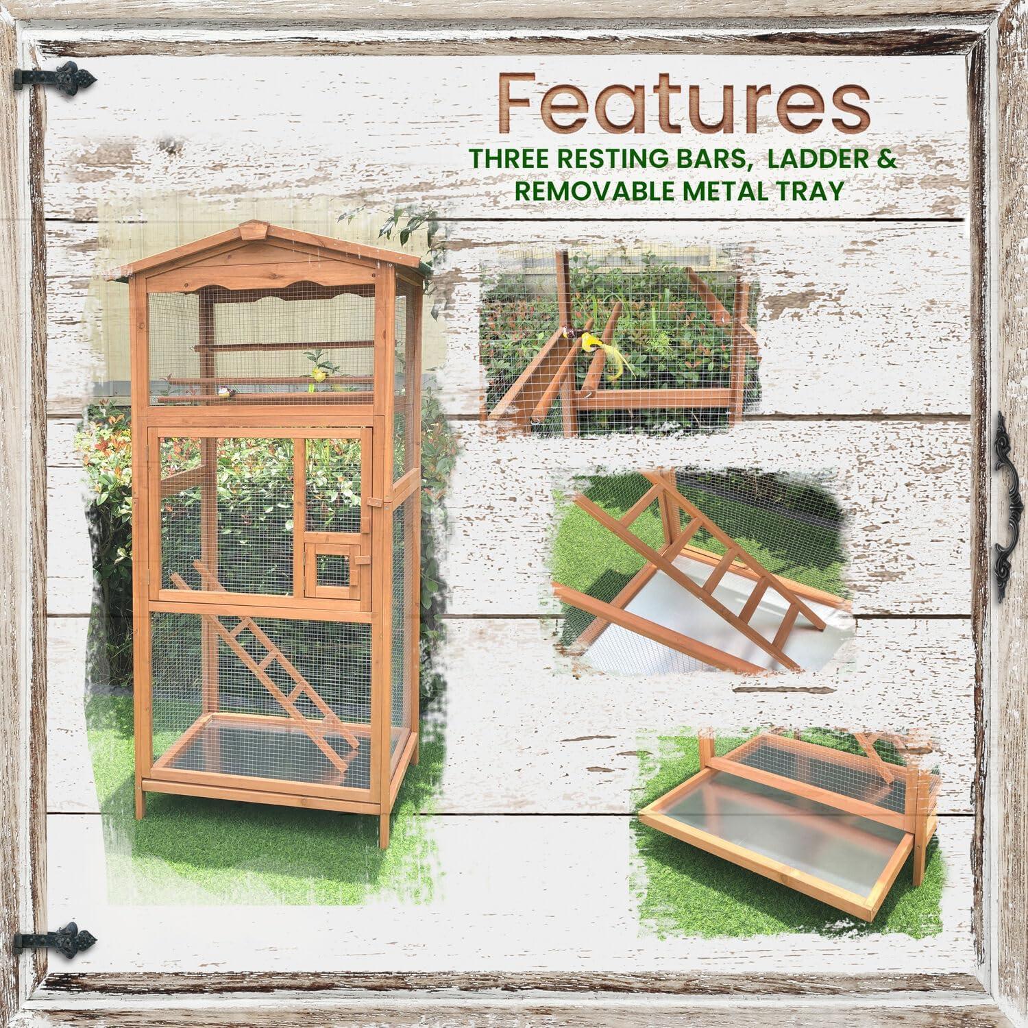 Hanover Outdoor Wooden Bird Cage with 3 Resting Bars, Ladder, Waterproof Roof and Removable Tray, 2.9 Ft. x 2.1 Ft. x 5.8 Ft.