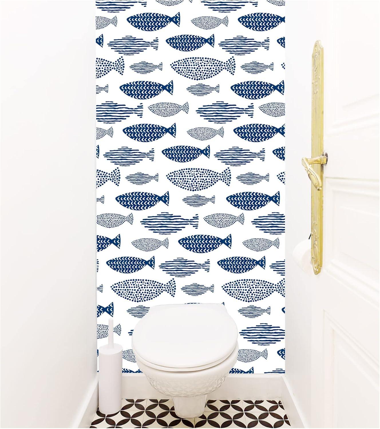 HAOKHOME Peel and Stick Wallpaper Coastal Fish Abstract Underwater World Trellis Navy Blue Removable Contact Paper for Home Bathroom Decorations 17.7in x 32.8ft