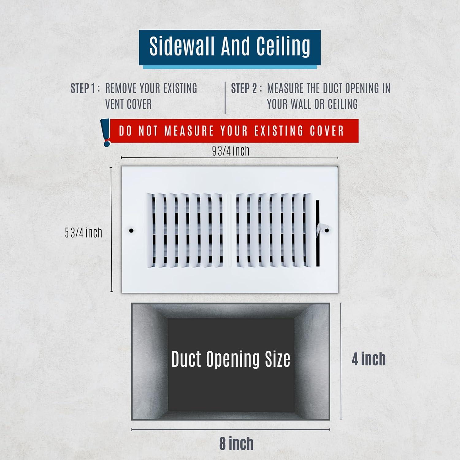 Fits 8x4 Duct Opening 2 WAY Steel Air Supply Diffuser by Handua | Register Vent Cover Grill for Sidewall and Ceiling | White | Outer Dimensions: 9.75" X 5.75"