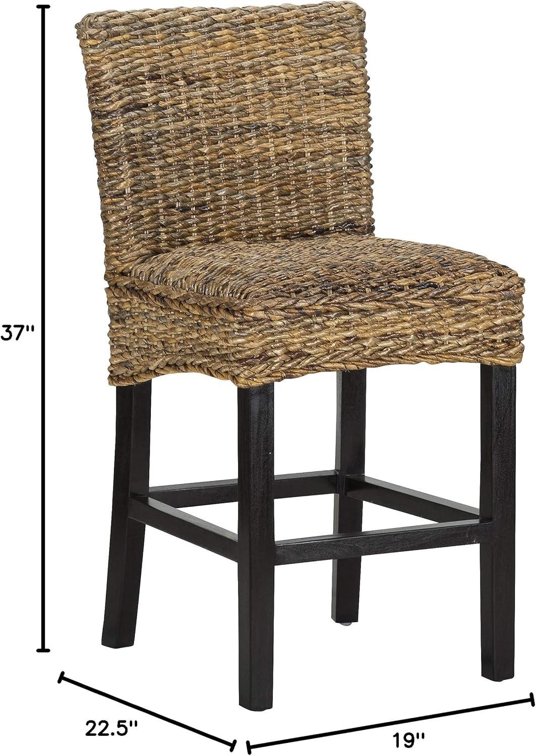 Woven Rattan Counter Height Stool with Wooden Legs and Low Profile Backrest Brown and Black- Saltoro Sherpi