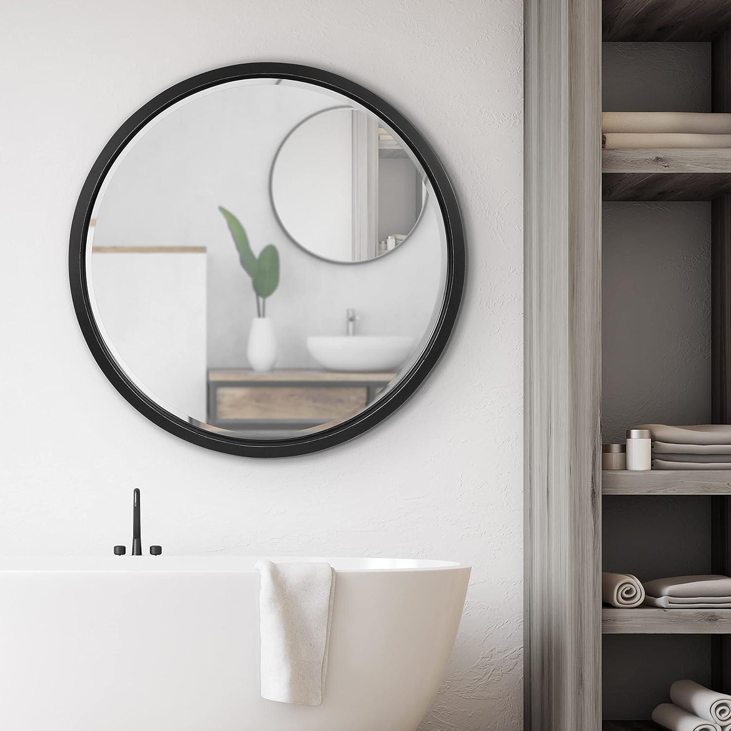 32" x 32" Hogan Round Framed Decorative Wall Mirror Walnut Brown : Modern Wood Frame, No Assembly Required