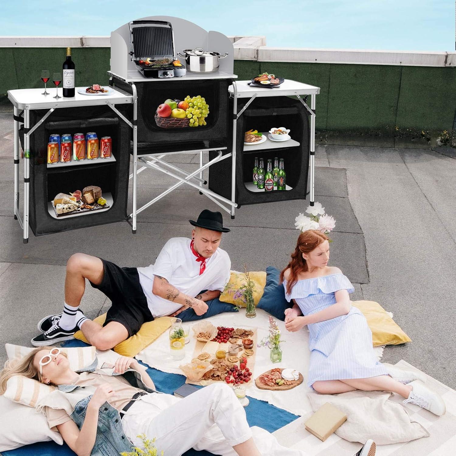 Aluminum Portable Camping Kitchen Table with Windscreen and Storage