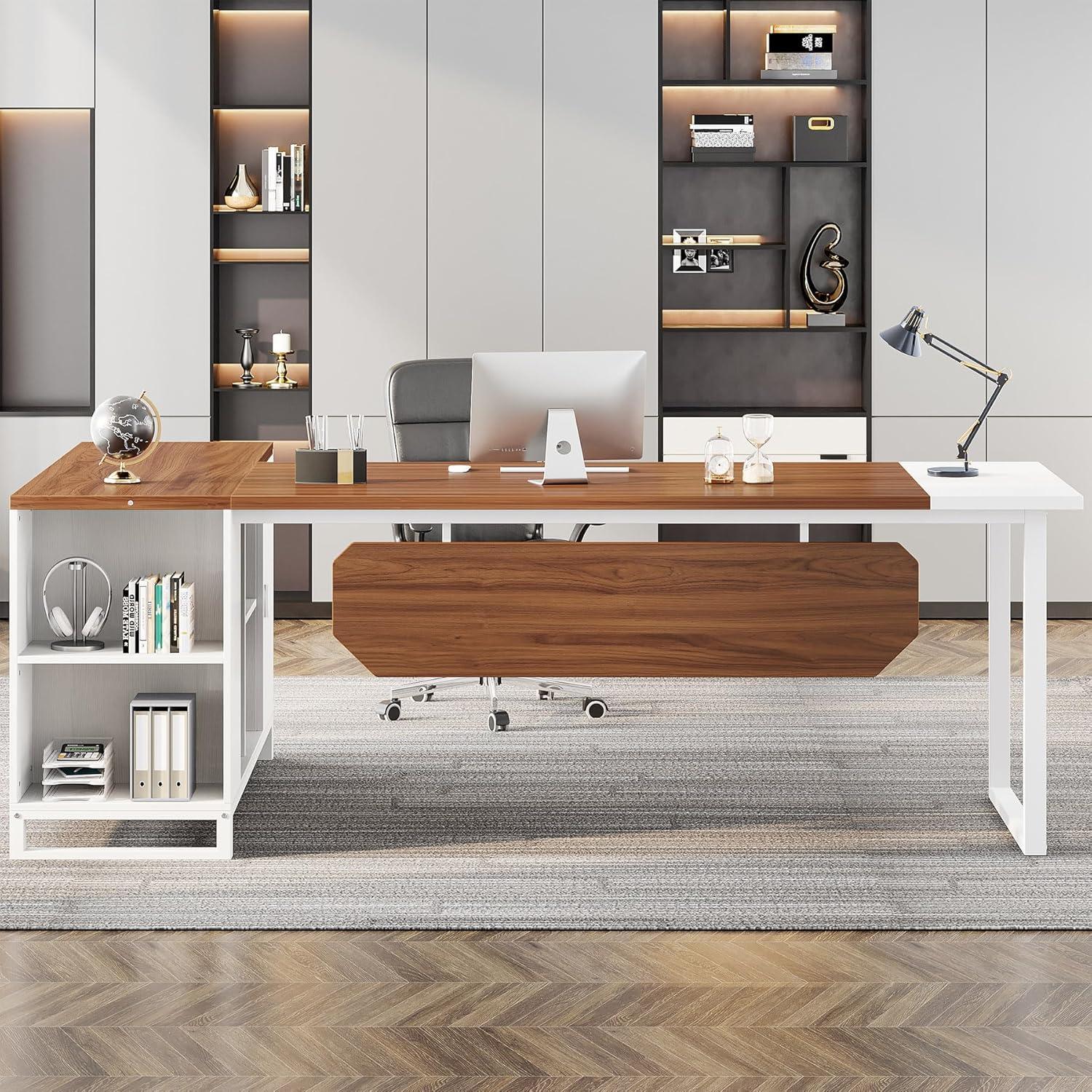 Tribesigns 70.8" Executive Desk with 55" File Cabinet, Industrial L Shaped Computer Desk, Large Executive Desk for Home Office, Walnut & White