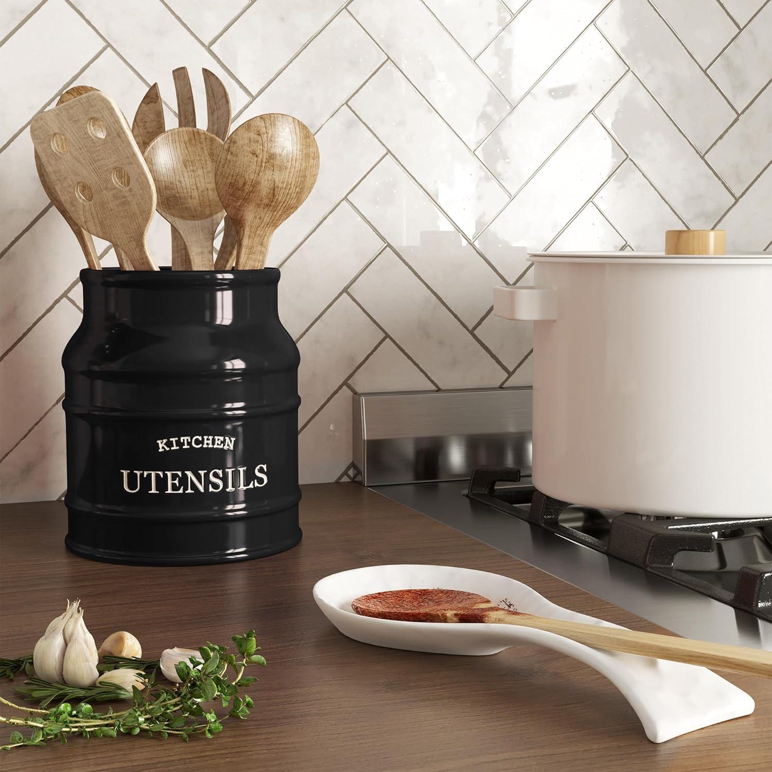 Red Barrel Studio® Ceramic Farmhouse Utensil Holder For Kitchen Counter, Large Rustic Utensil Crock, Countertop Cooking Tool Spatula Organizer, 6.75” (Black)