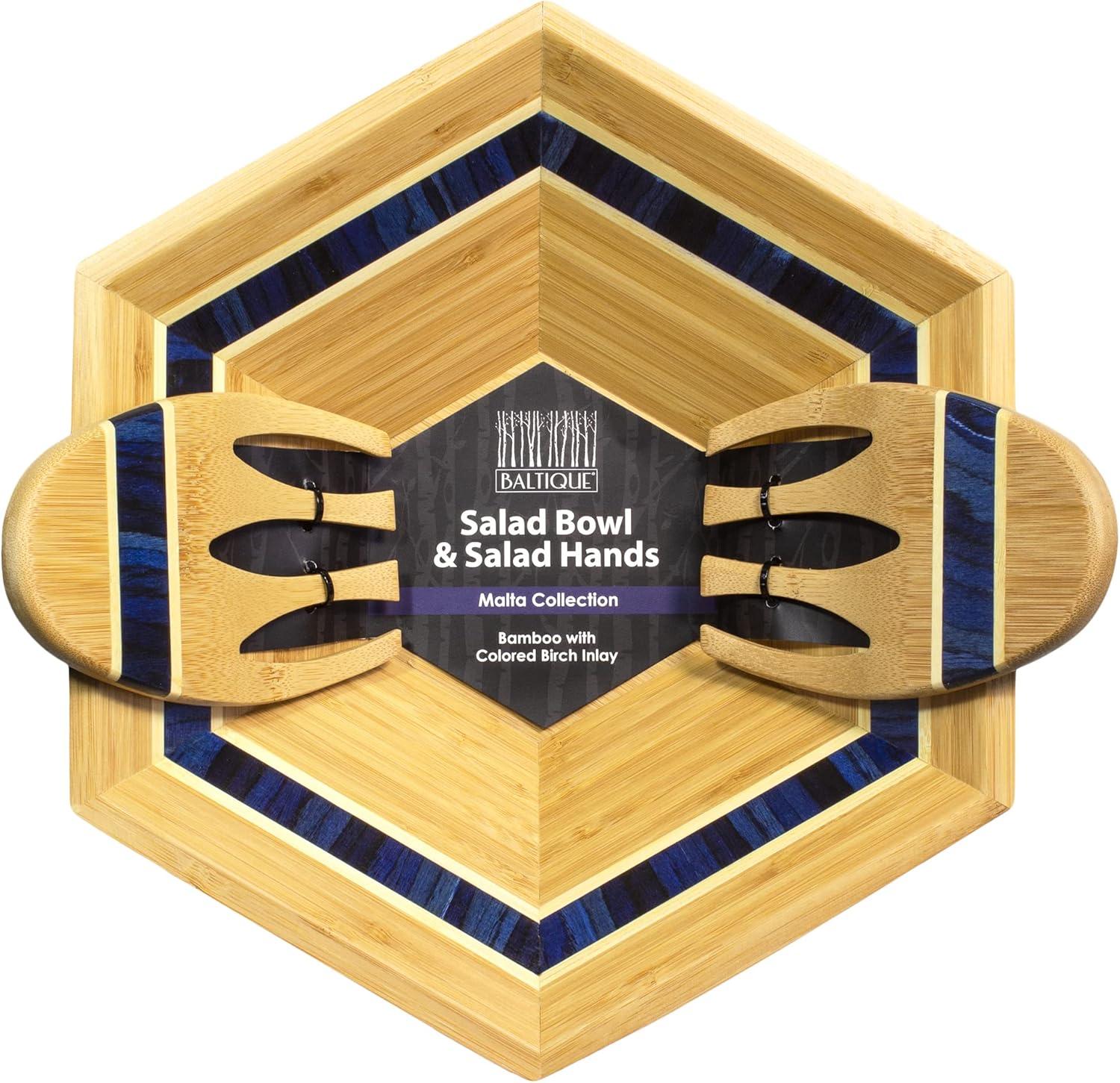 Totally Bamboo Baltique Malta Collection 14" Salad Serving Bowl with Salad Hands, Bamboo and Colored Birch Wood