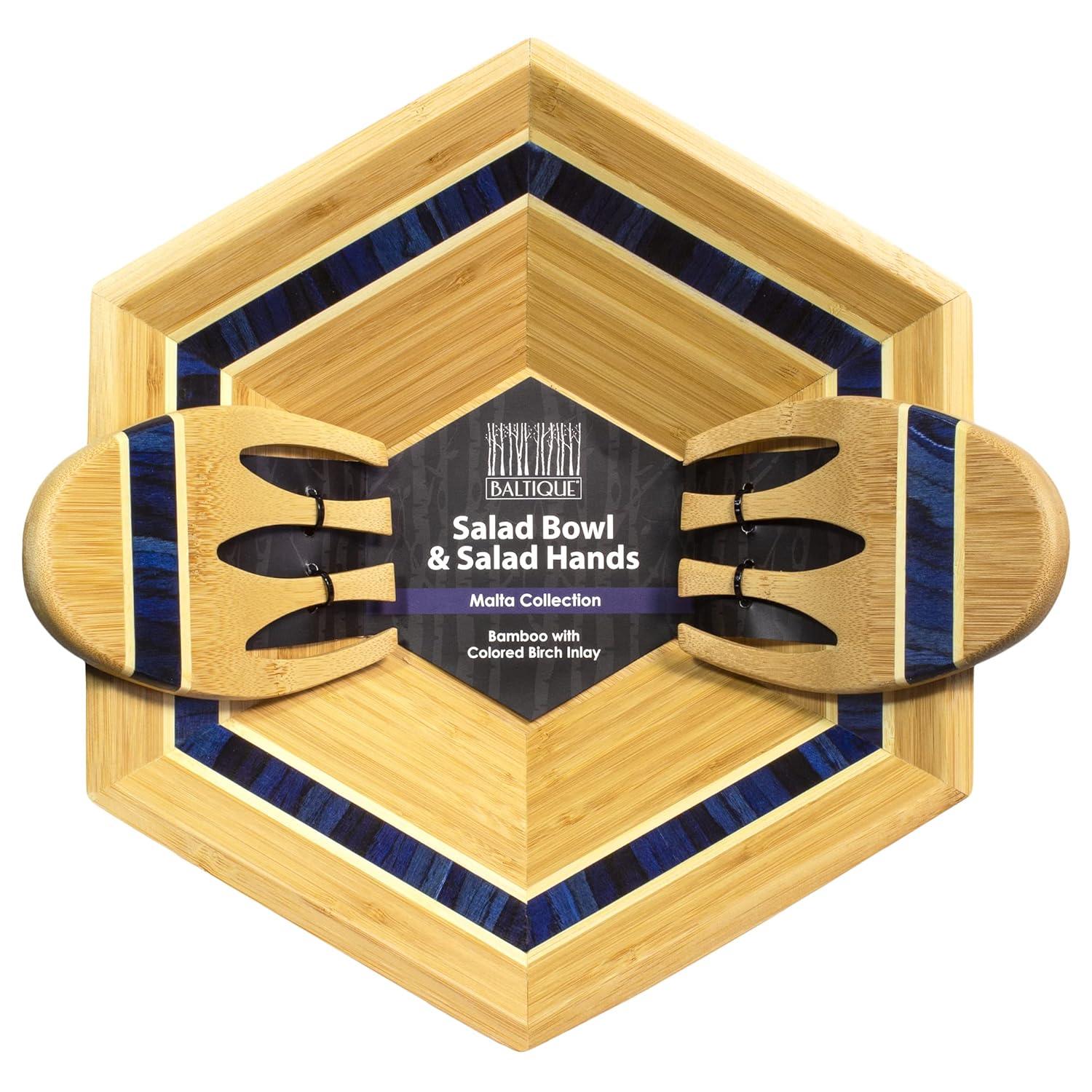 Totally Bamboo Baltique Malta Collection 14" Salad Serving Bowl with Salad Hands, Bamboo and Colored Birch Wood