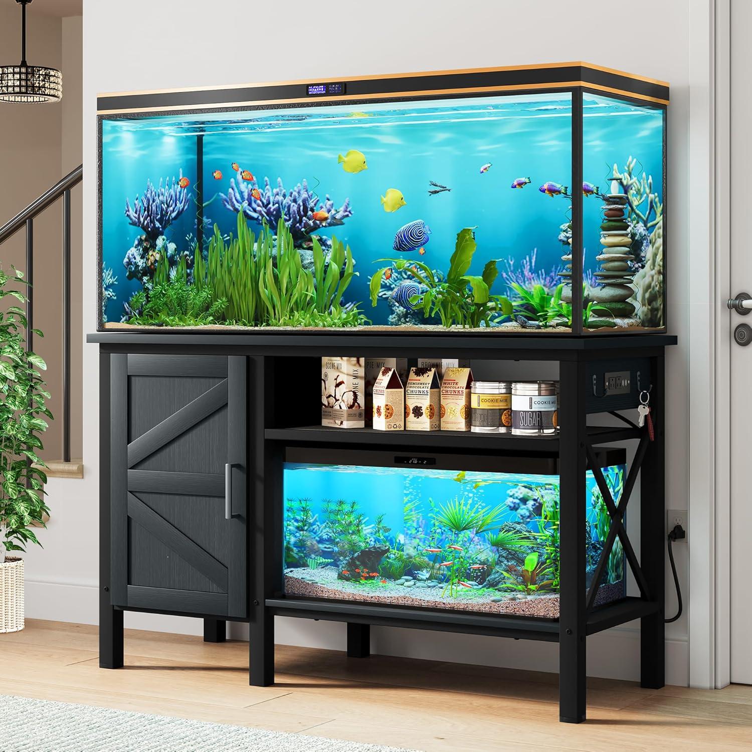 iSunirm 55-75 Gallon Aquarium Stand with Shelf, Fish Tank Stand with Power Outlets and LED Lights, Heavy Duty Reversible Aquarium Stand with Cabinet, for Fishes and Reptiles, 49.2"L*18.9"W, Black Oak