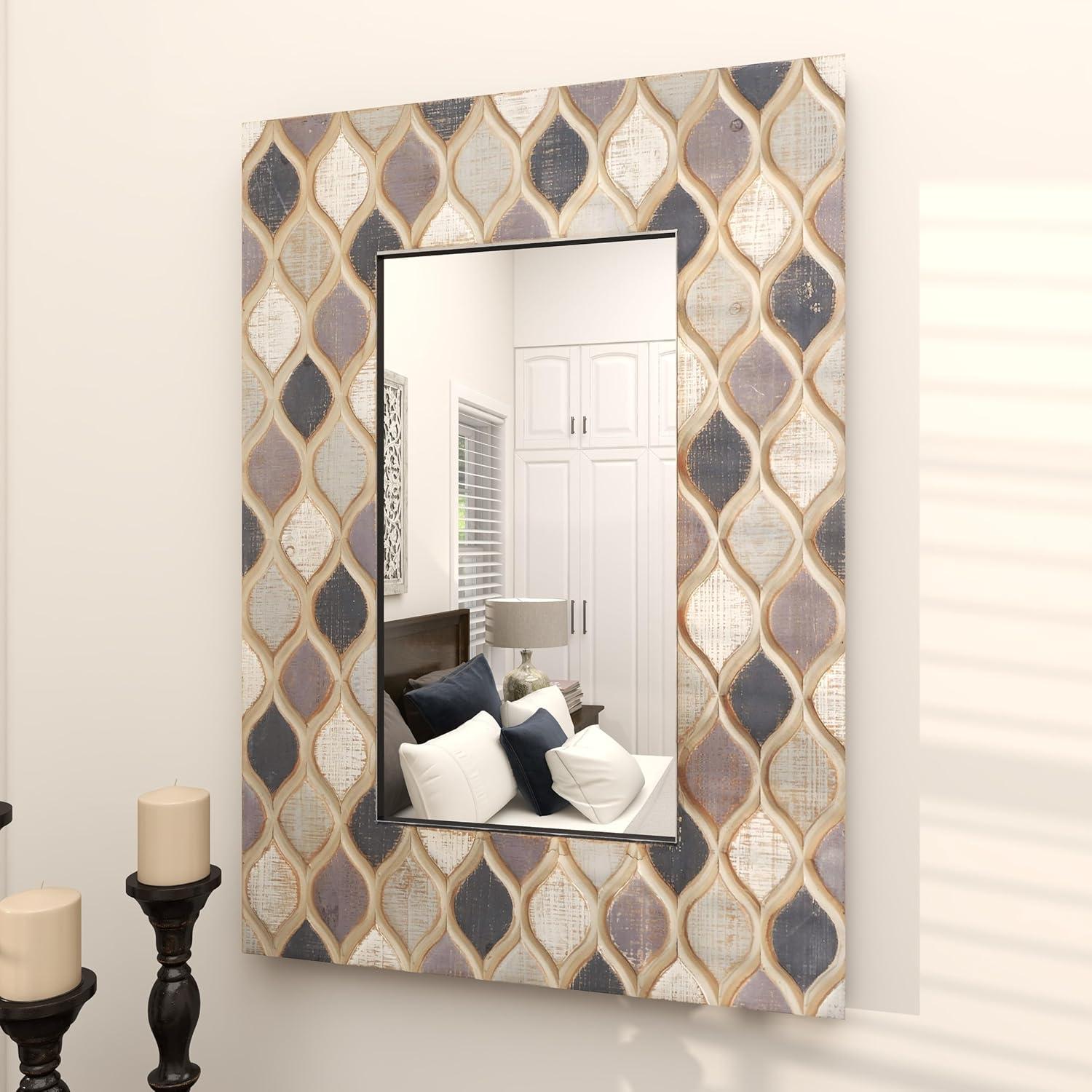 Beige Farmhouse Wood Wall Mirror with Diamond Pattern 28" x 40"