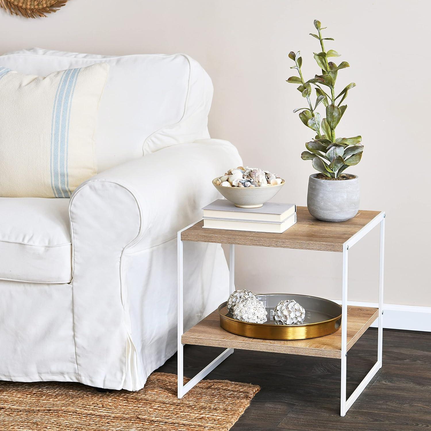 Household Essentials Jamestown Square Side End Table with Storage Shelf Coastal Oak Rustic Wood Grain and White Metal