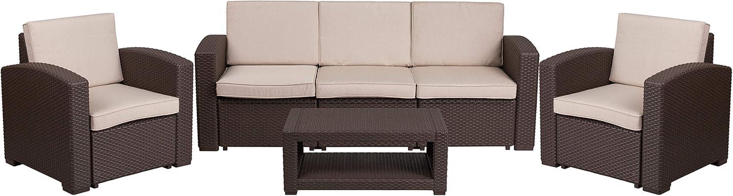 Merrick Lane 4 Piece Dark Gray Faux Rattan Patio Furniture Set with 2 Chairs and Sofa with Removable Light Gray Cushions and Table