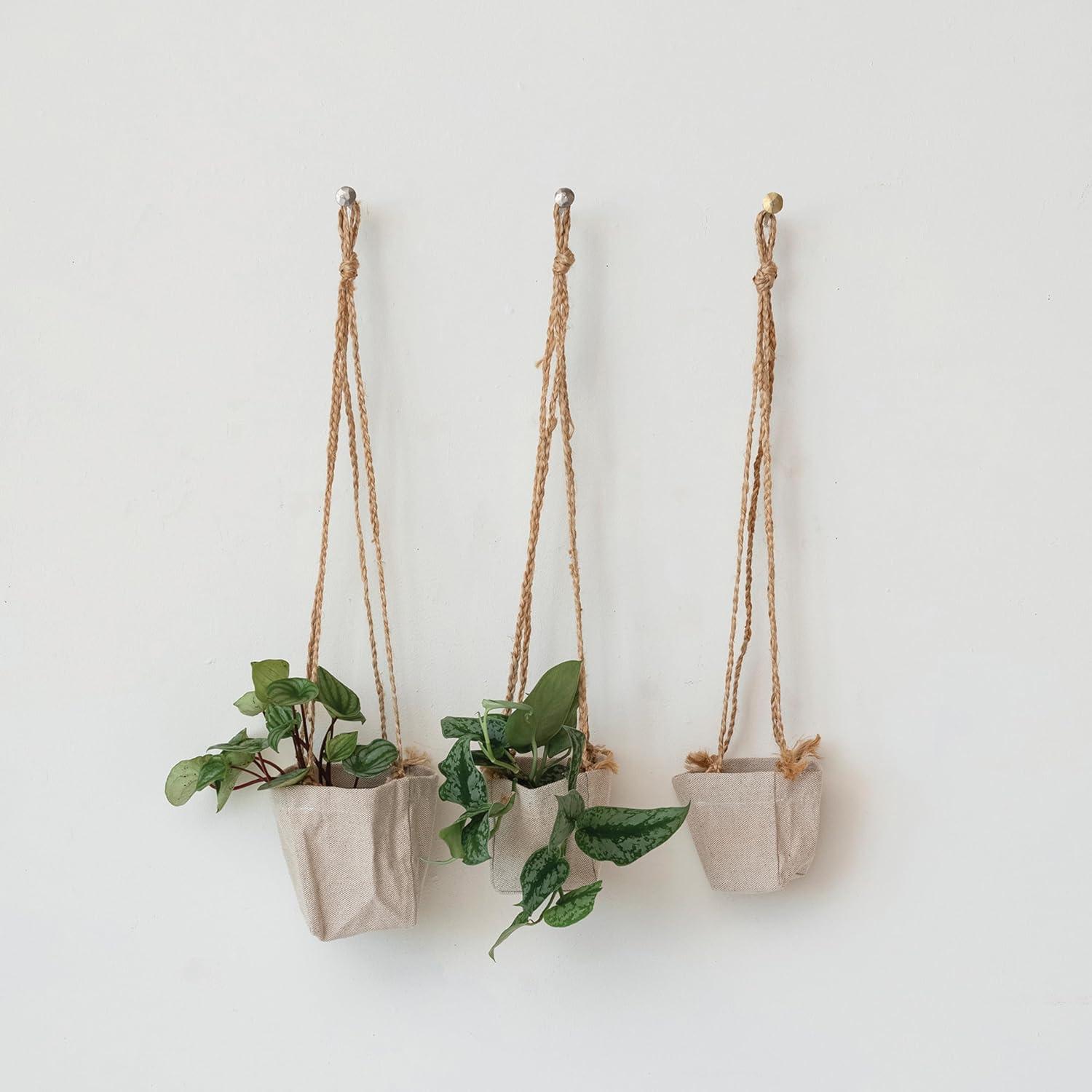 Natural Jute and Cotton Round Hanging Planters, Set of 3