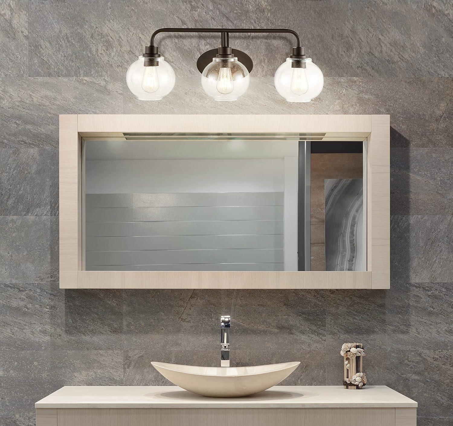 JONATHAN Y Sandrine 26.25" 3-Light Iron/Seeded Glass Cottage Rustic LED Vanity Light, Oil Rubbed Bronze