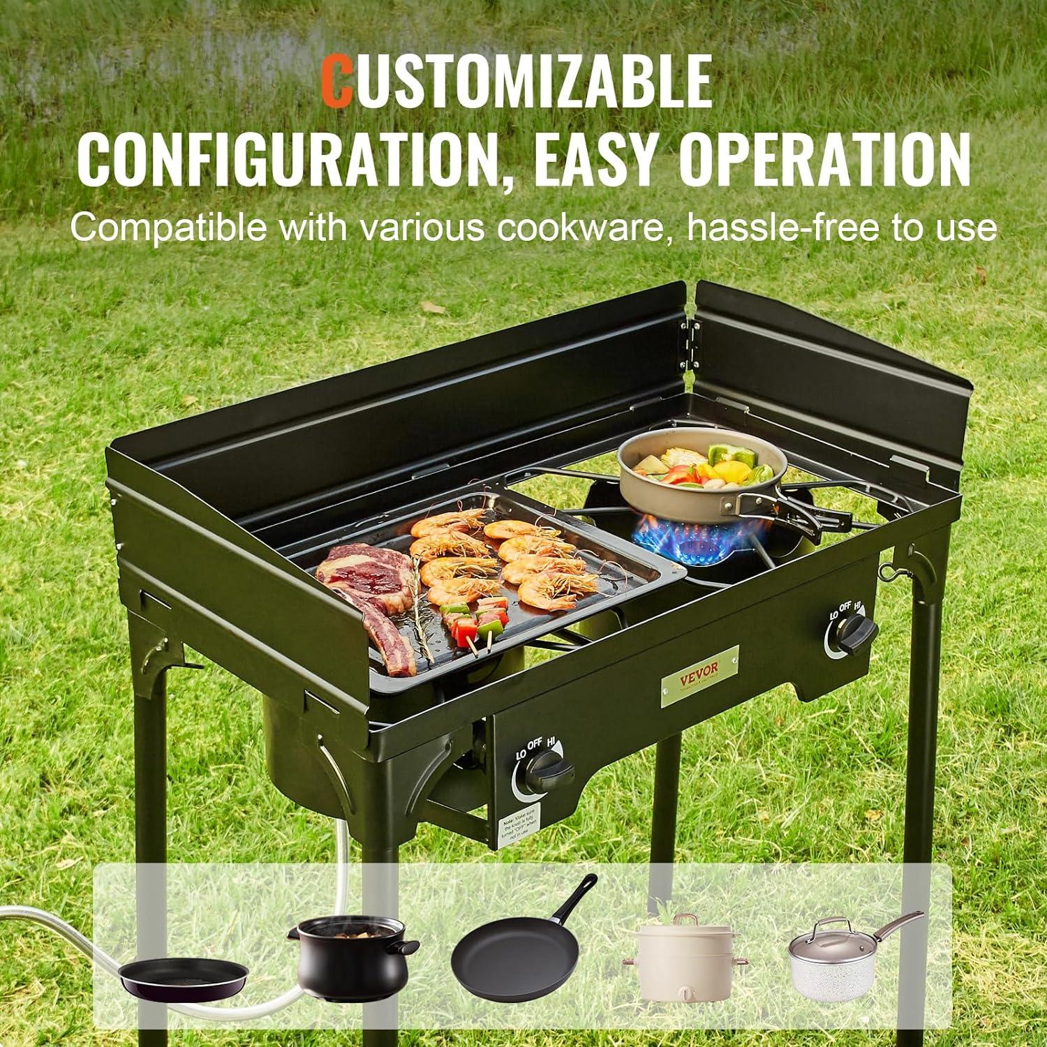 Black Heavy Duty 2-Burner Outdoor Gas Stove with Windscreen