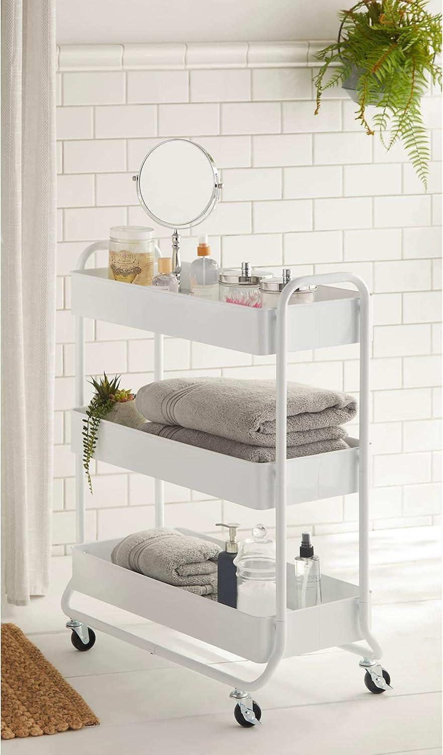 Hudson White 3-Tier Metal Rolling Storage Cart