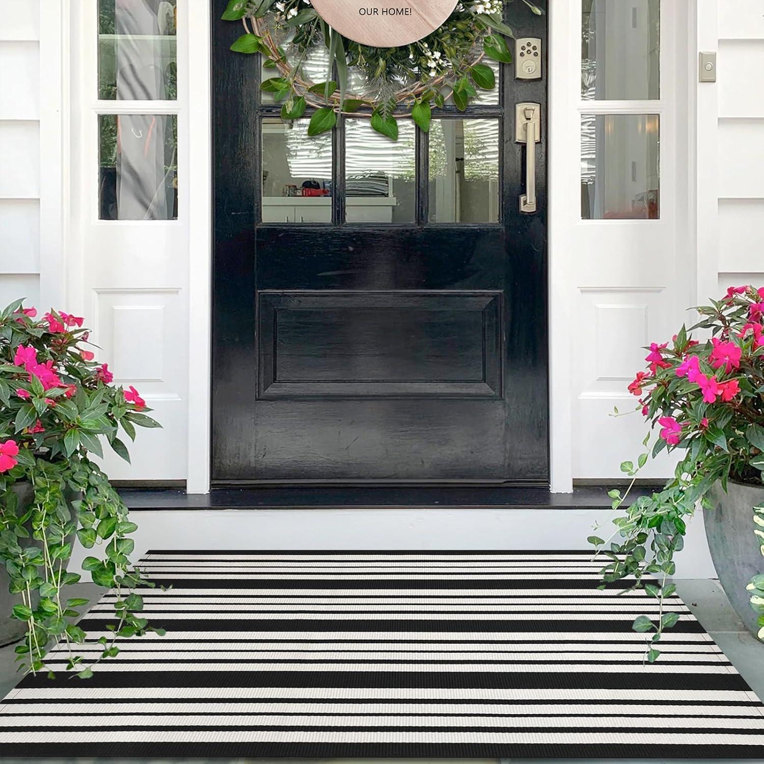 IOHOUZE Navy and White Striped Rug 2'x3' Front Door Rugs, Small Washable Area Rug for Front Porch, Spring Summer Doormats Outdoor Indoor, Cotton Rugs for Entryway Porch Entrance