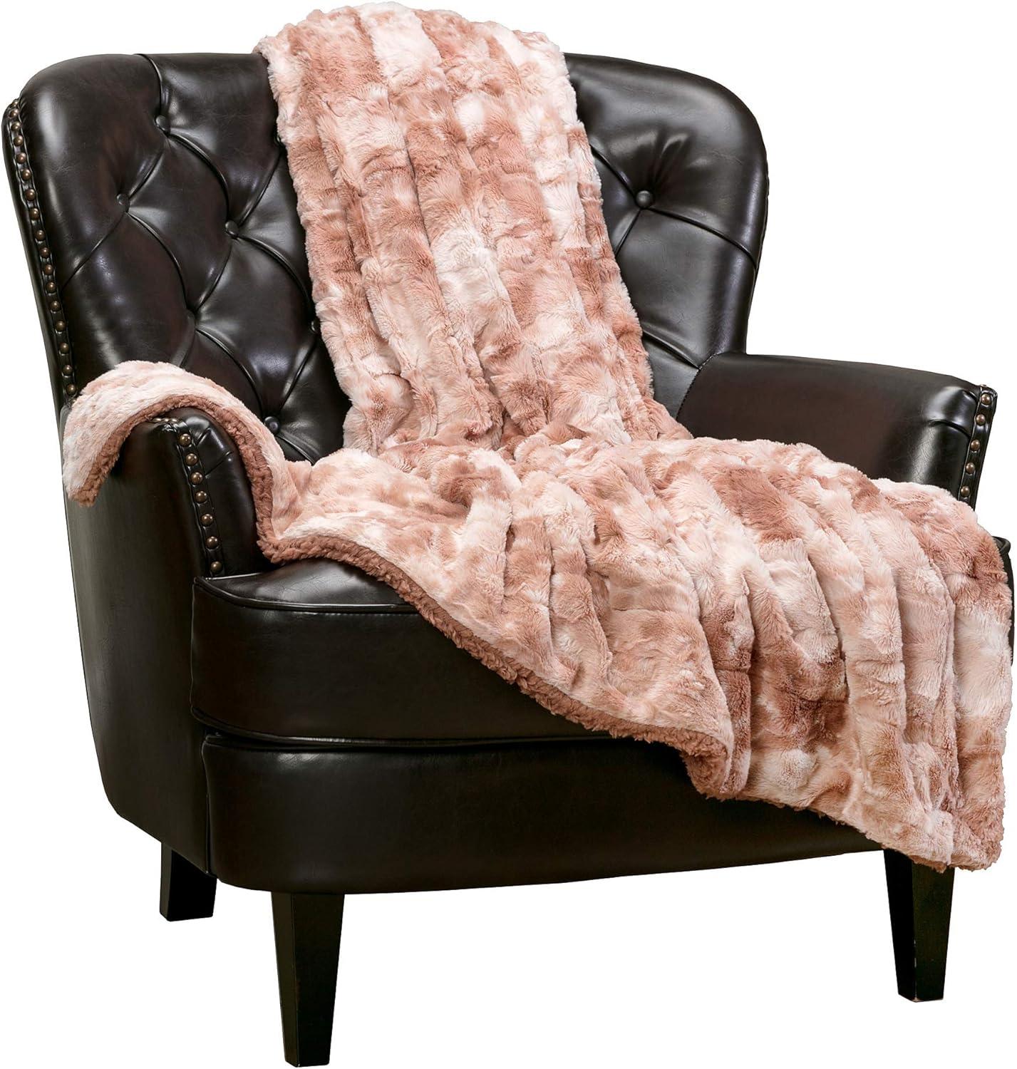 Chanasya Wolf Faux Fur Throw Blanket with Plush Faux Shearling Side - 50" x 65” - Rose Dust