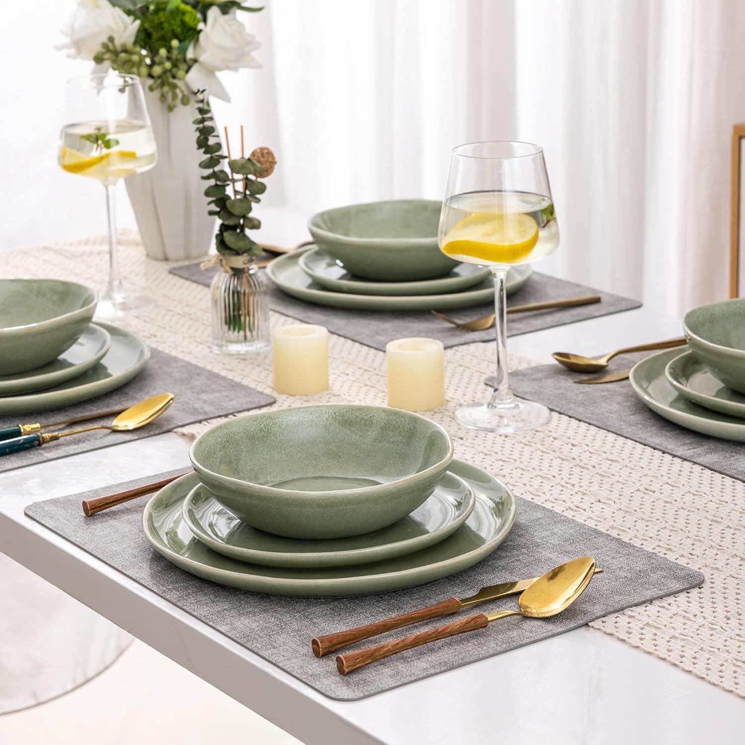 Olive Green and White Ceramic Dinnerware Set for 4