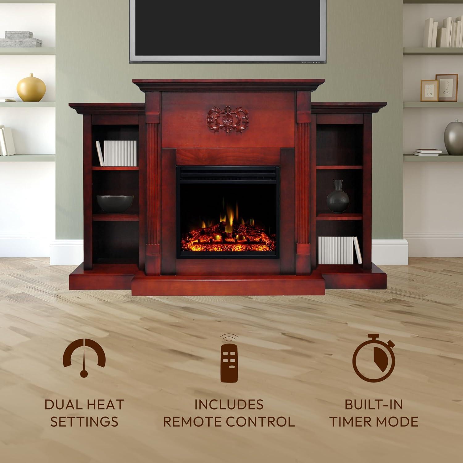 Cambridge Sanoma 72'' Electric Fireplace with Enhanced Charred Log Insert | Multi-Color Flame | For Rooms up to 210 Sq.Ft | Remote | Slate Blue Mantel | Adjustable Heat Settings