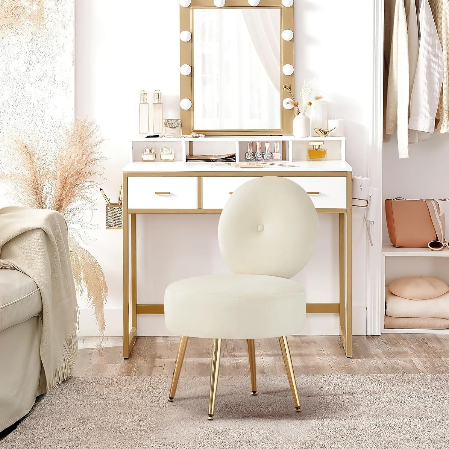 Furniliving Modern Accent Chairs, Vanity Chair with Gold Legs, Footrest Stool for Living Room, Khaki